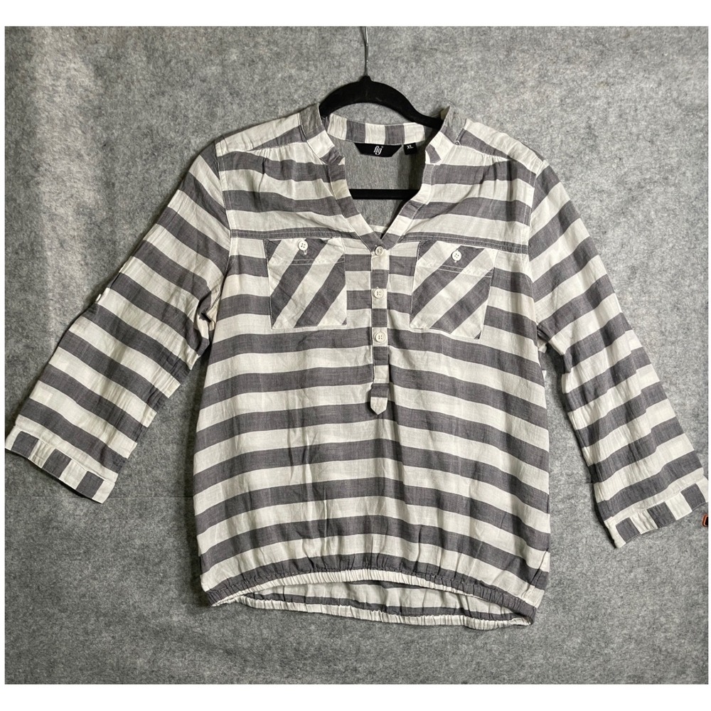 Fig Clothing Womens XL Grey White Striped 3/4 Sleeve Elastic Hem Tunic Top
